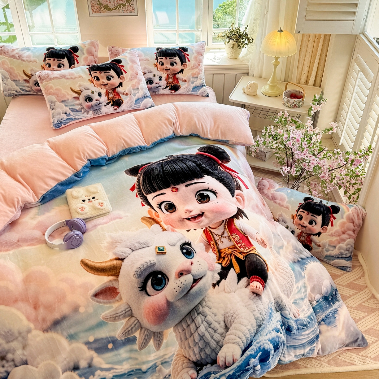 91家纺网 家纺一手货源 找家纺 馨语家居 2025新款直播热款高克重保暖卡通牛奶绒印花四件套 彩虹哪吒