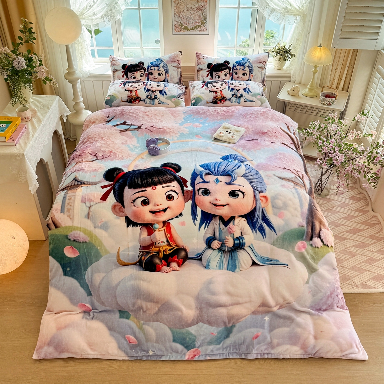 91家纺网 家纺一手货源 找家纺 馨语家居 2025新款直播热款高克重保暖卡通牛奶绒印花四件套 腾云哪吒