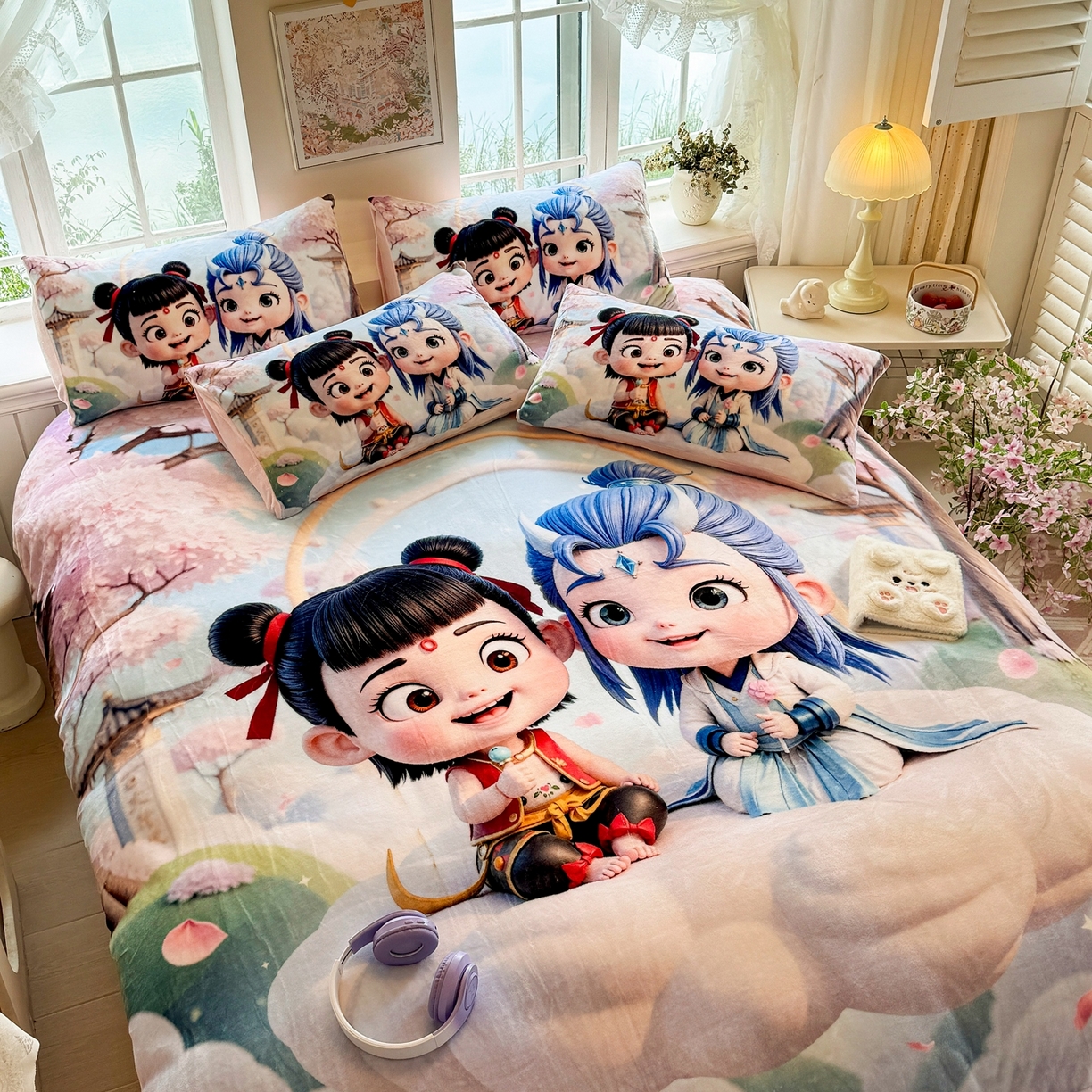 91家纺网 家纺一手货源 找家纺 馨语家居 2025新款直播热款高克重保暖卡通牛奶绒印花四件套 腾云哪吒