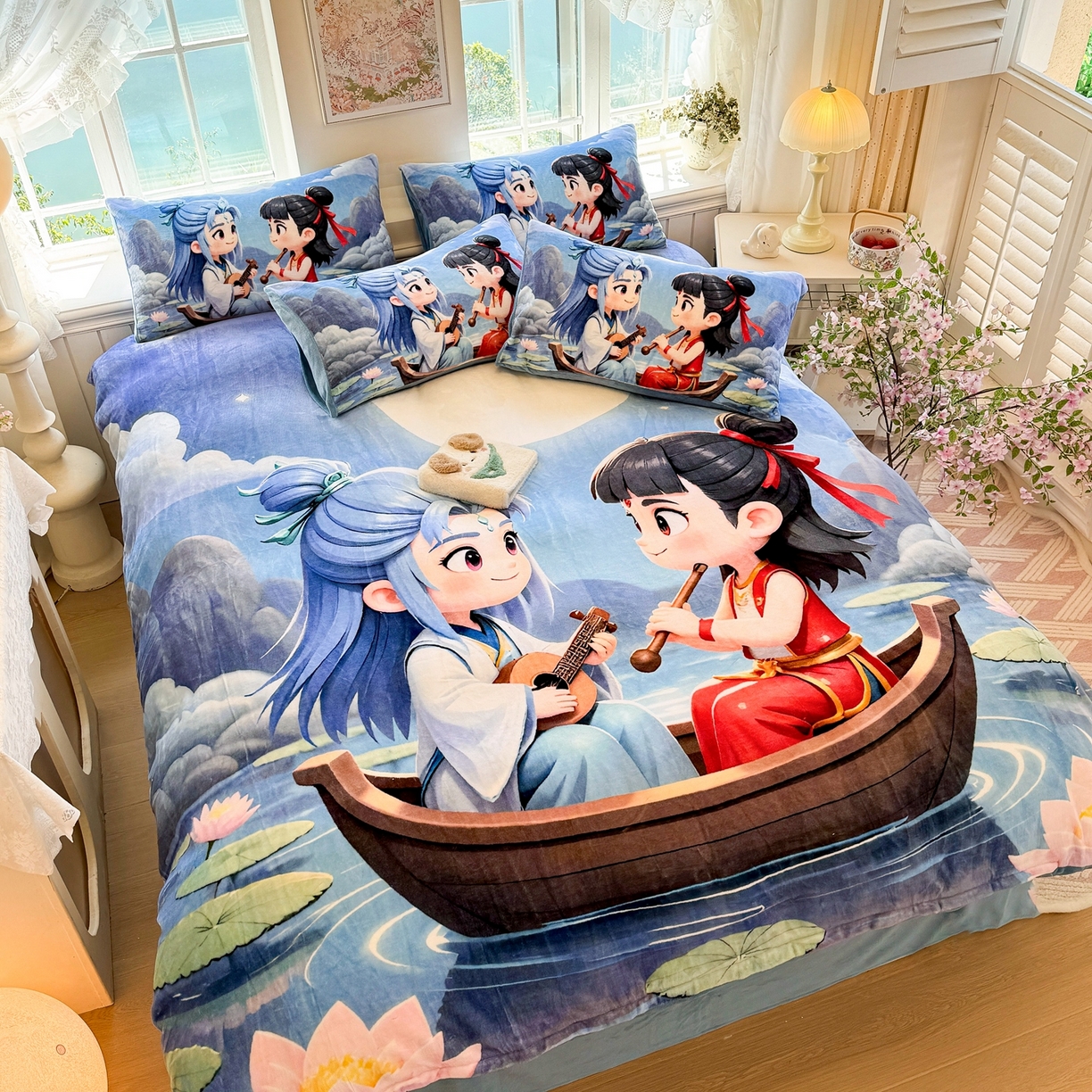 91家纺网 家纺一手货源 找家纺 馨语家居 2025新款直播热款高克重保暖卡通牛奶绒印花四件套 漂流哪吒