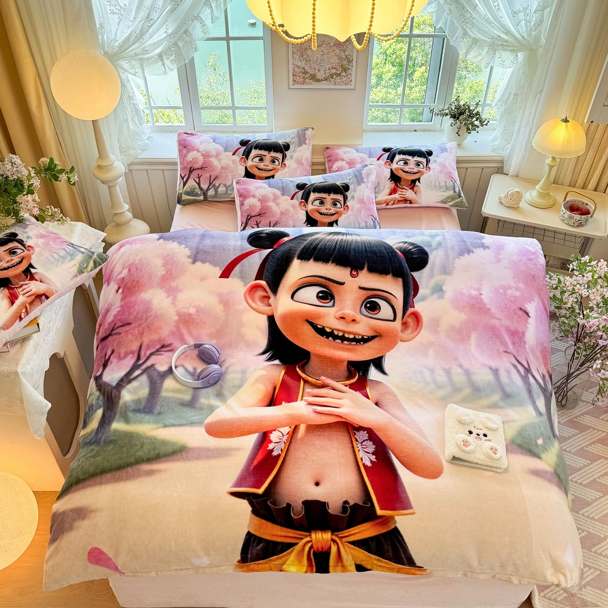 91家纺网 家纺一手货源 找家纺 馨语家居 2025新款直播热款高克重保暖卡通牛奶绒印花四件套 魔童哪吒