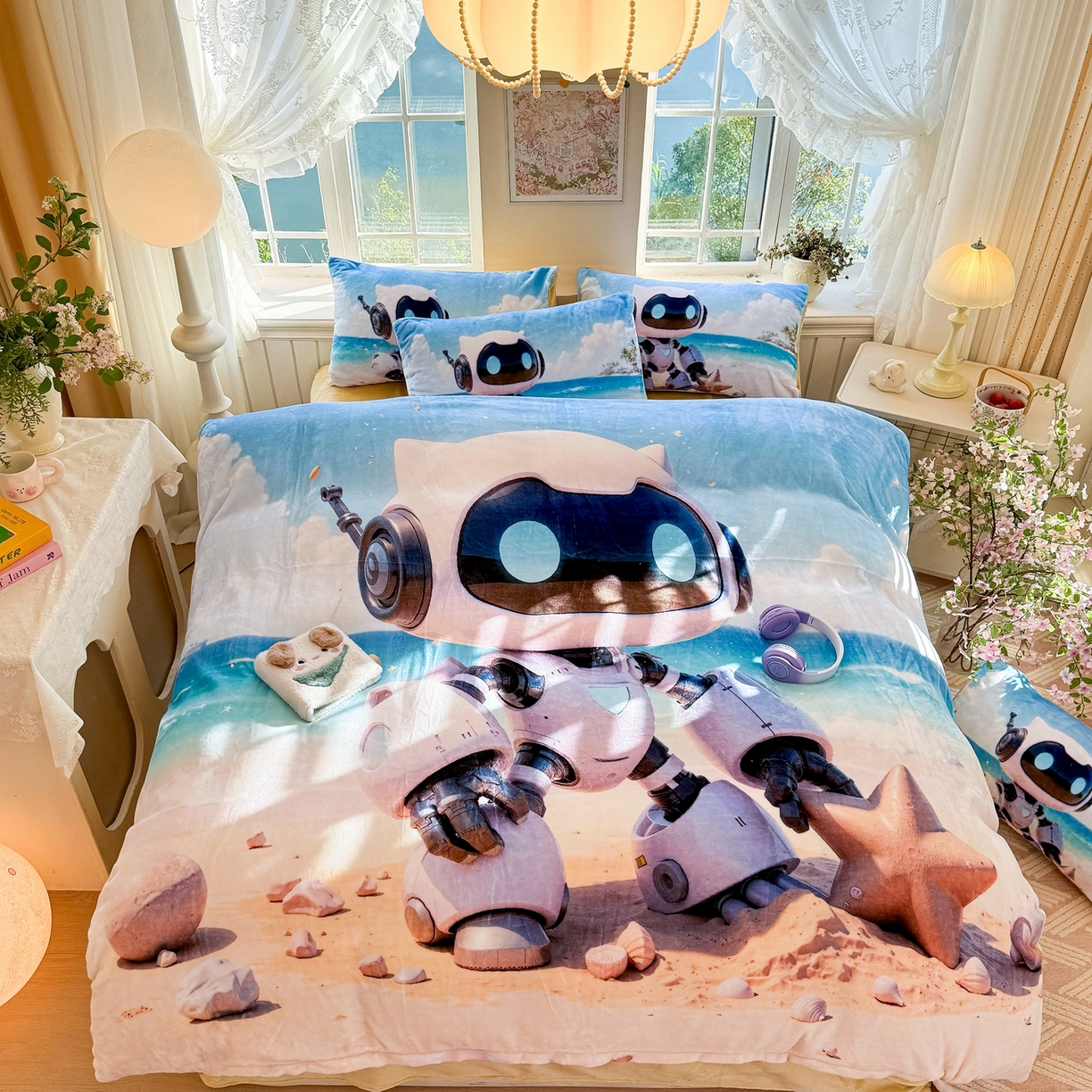 91家纺网 家纺一手货源 找家纺 馨语家居 2025新款直播热款高克重保暖卡通牛奶绒印花四件套 海洋机器人