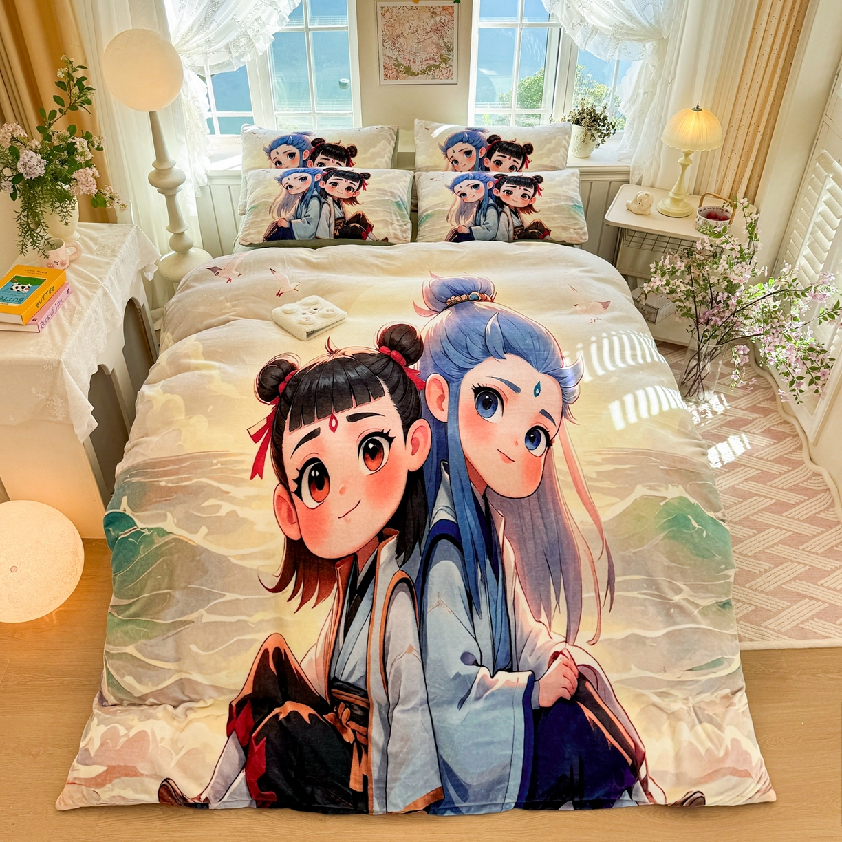 91家纺网 家纺一手货源 找家纺 馨语家居 2025新款直播热款高克重保暖卡通牛奶绒印花四件套 哪吒敖丙