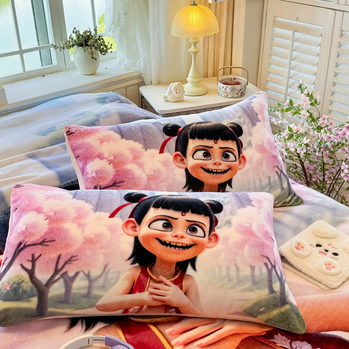 91家纺网 家纺一手货源 找家纺 馨语家居 2025新款直播热款高克重保暖卡通牛奶绒印花四件套 魔童哪吒