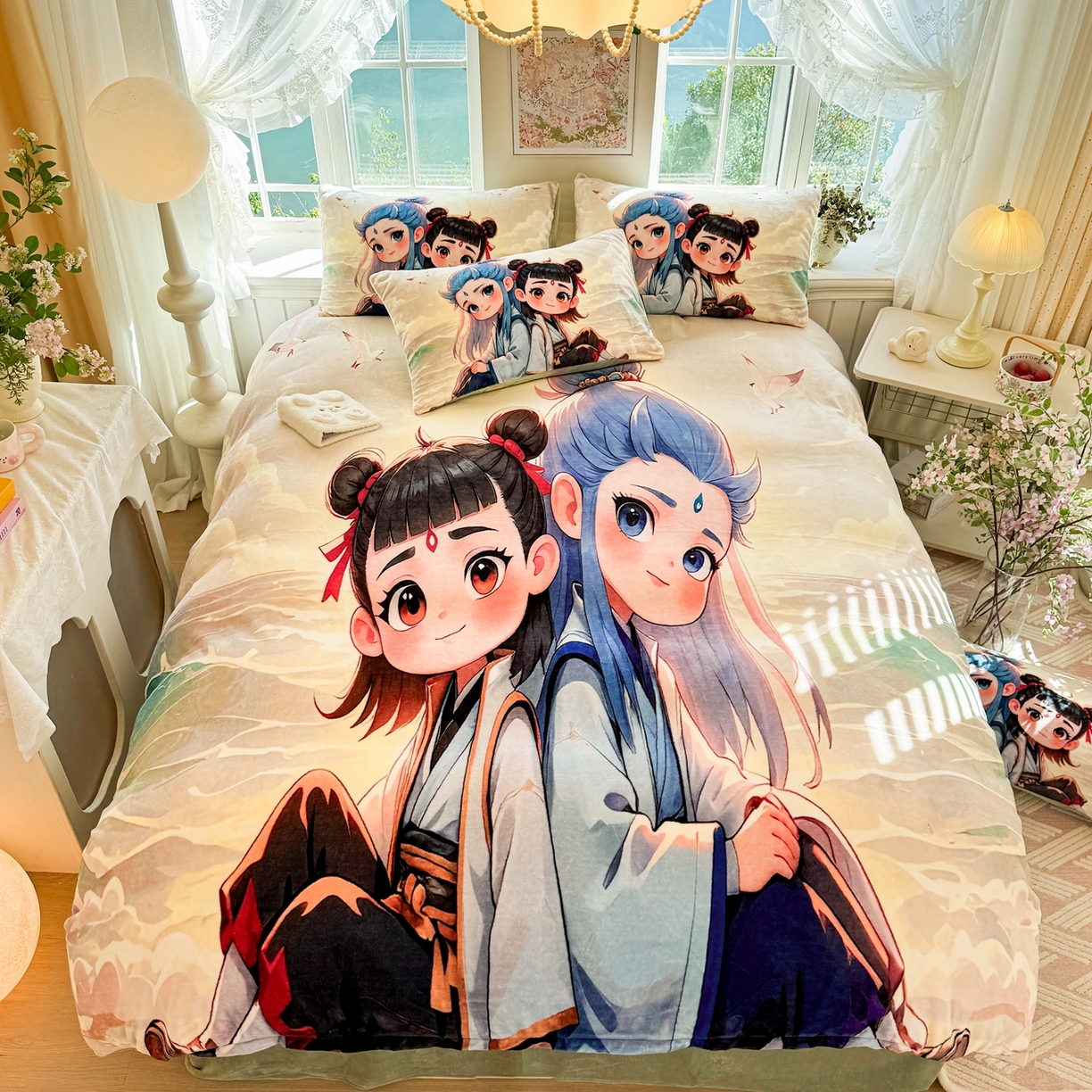 91家纺网 家纺一手货源 找家纺 馨语家居 2025新款直播热款高克重保暖卡通牛奶绒印花四件套 哪吒敖丙