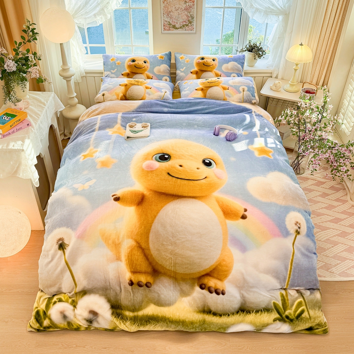 91家纺网 家纺一手货源 找家纺 馨语家居 2025新款直播热款高克重保暖卡通牛奶绒印花四件套 小奶龙