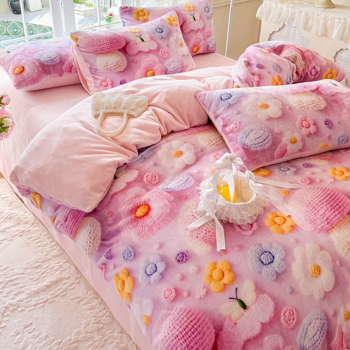 91家纺网 家纺一手货源 找家纺 馨语家居 2025新款直播热款高克重保暖卡通牛奶绒印花四件套 一路生花