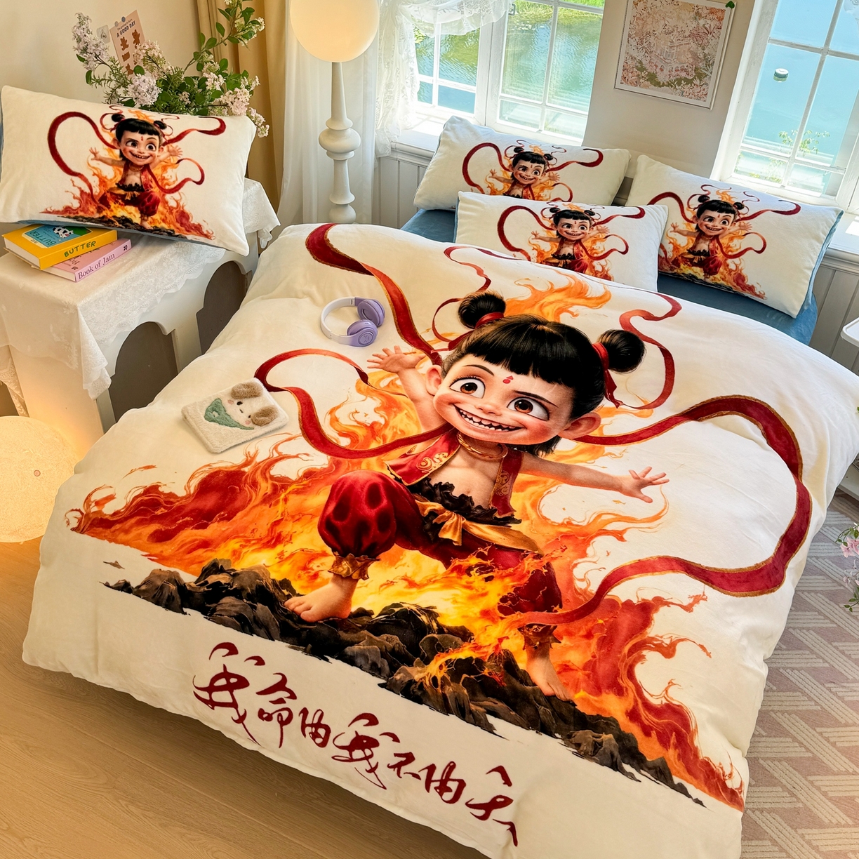 91家纺网 家纺一手货源 找家纺 馨语家居 2025新款直播热款高克重保暖卡通牛奶绒印花四件套 浴火哪吒