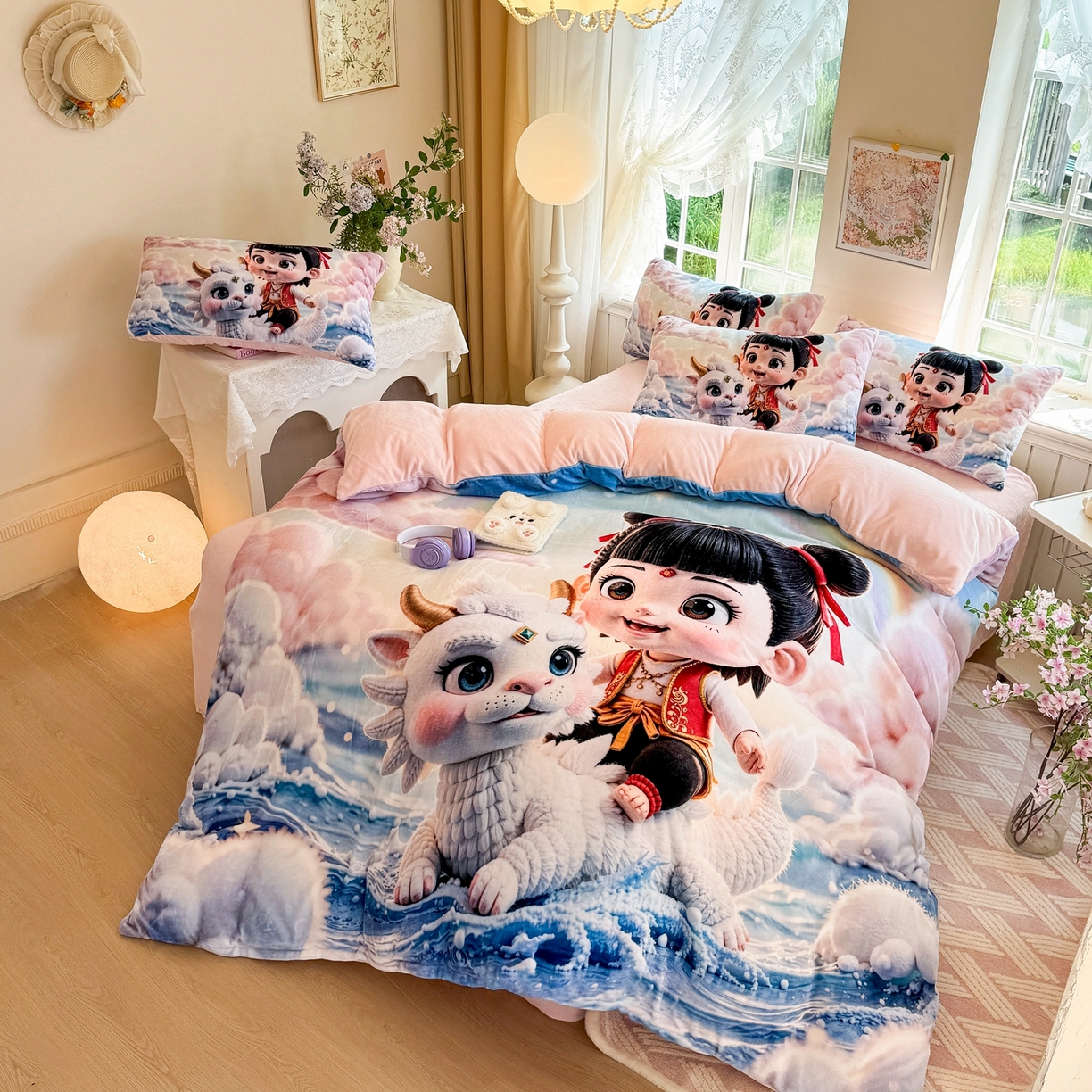 91家纺网 家纺一手货源 找家纺 馨语家居 2025新款直播热款高克重保暖卡通牛奶绒印花四件套 彩虹哪吒