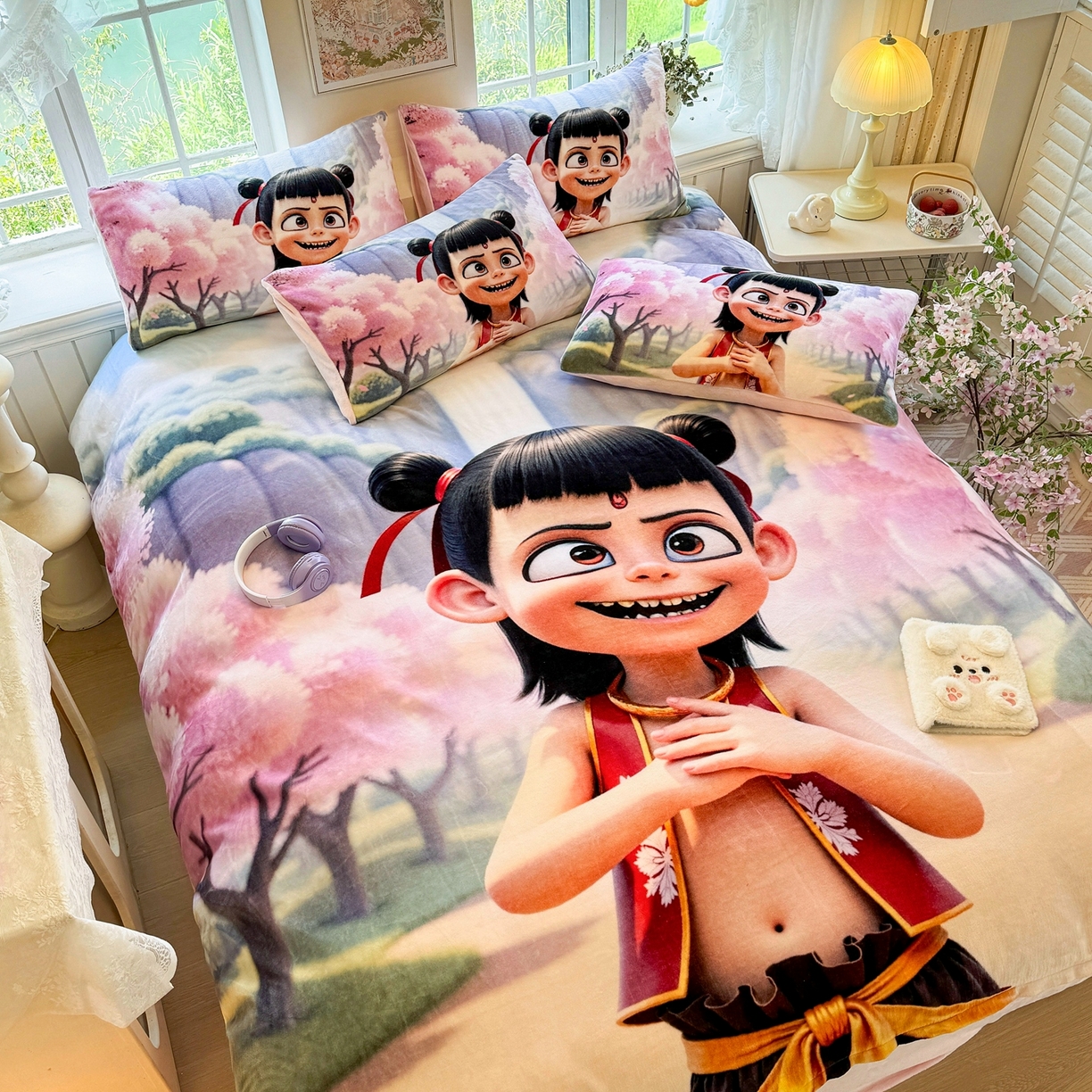 91家纺网 家纺一手货源 找家纺 馨语家居 2025新款直播热款高克重保暖卡通牛奶绒印花四件套 魔童哪吒