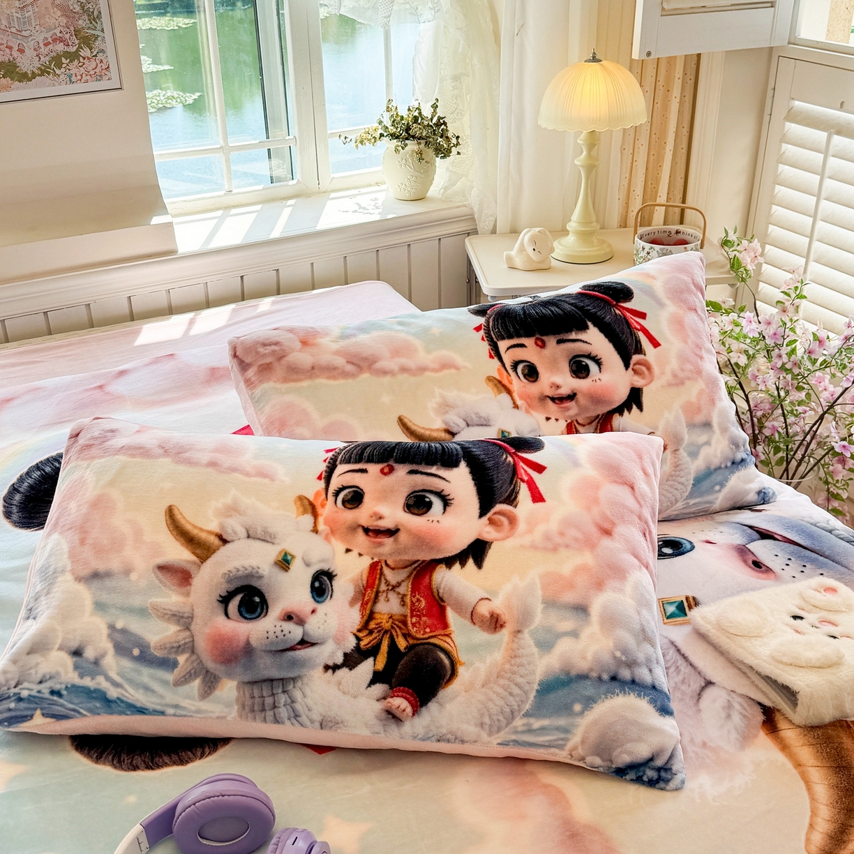 91家纺网 家纺一手货源 找家纺 馨语家居 2025新款直播热款高克重保暖卡通牛奶绒印花四件套 彩虹哪吒