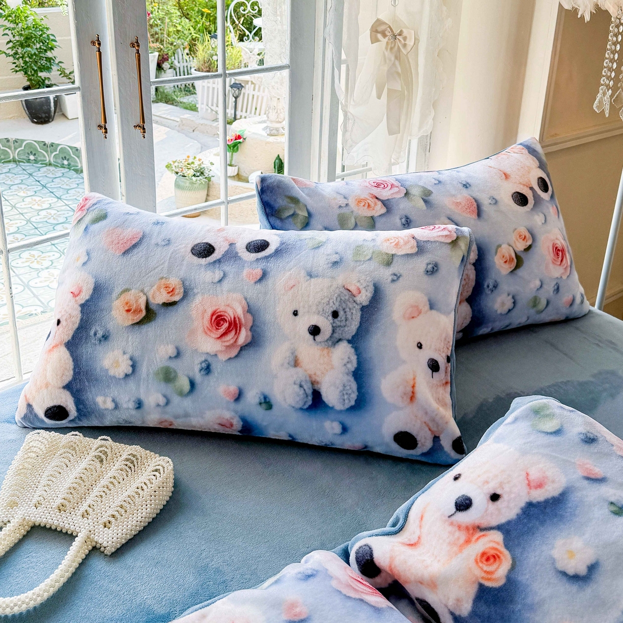 91家纺网 家纺一手货源 找家纺 馨语家居 2025新款直播热款高克重保暖卡通牛奶绒印花四件套 针织小熊