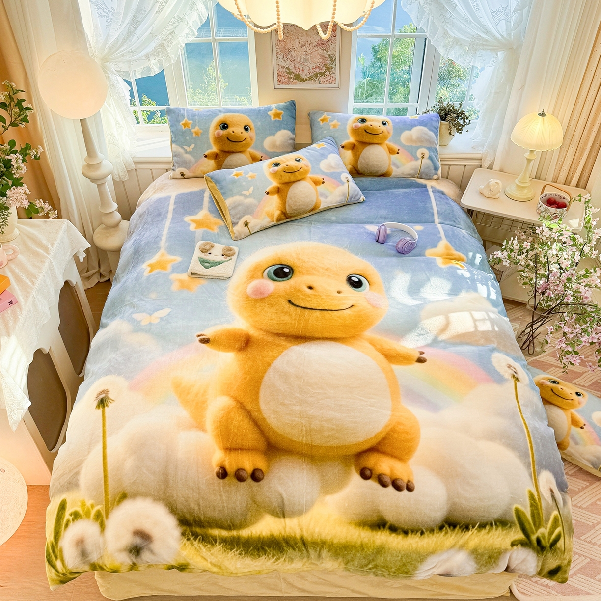 91家纺网 家纺一手货源 找家纺 馨语家居 2025新款直播热款高克重保暖卡通牛奶绒印花四件套 小奶龙