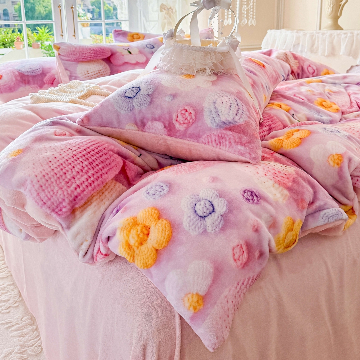 91家纺网 家纺一手货源 找家纺 馨语家居 2025新款直播热款高克重保暖卡通牛奶绒印花四件套 一路生花