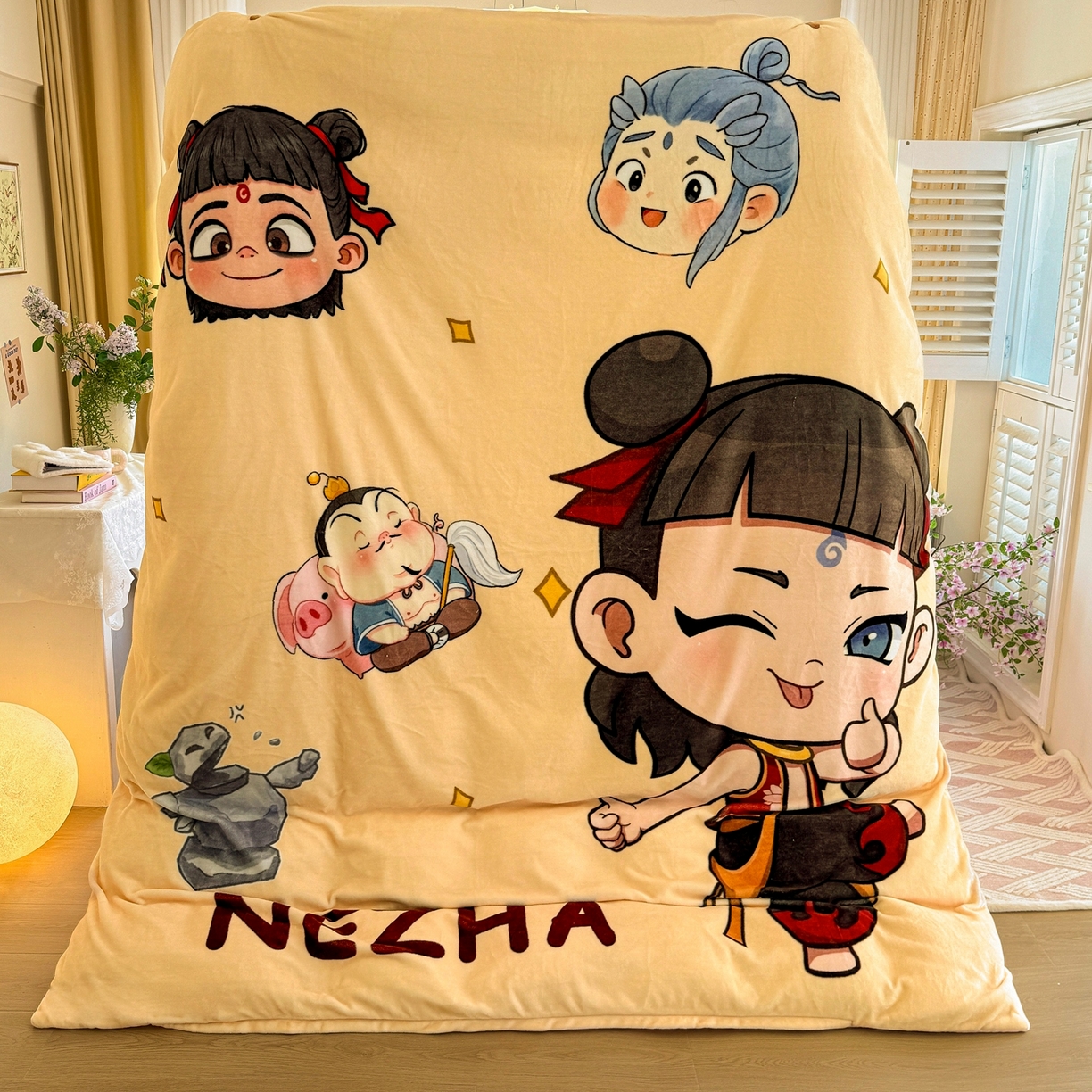 91家纺网 家纺一手货源 找家纺 馨语家居 2025新款直播热款高克重保暖卡通牛奶绒印花四件套 少年哪吒