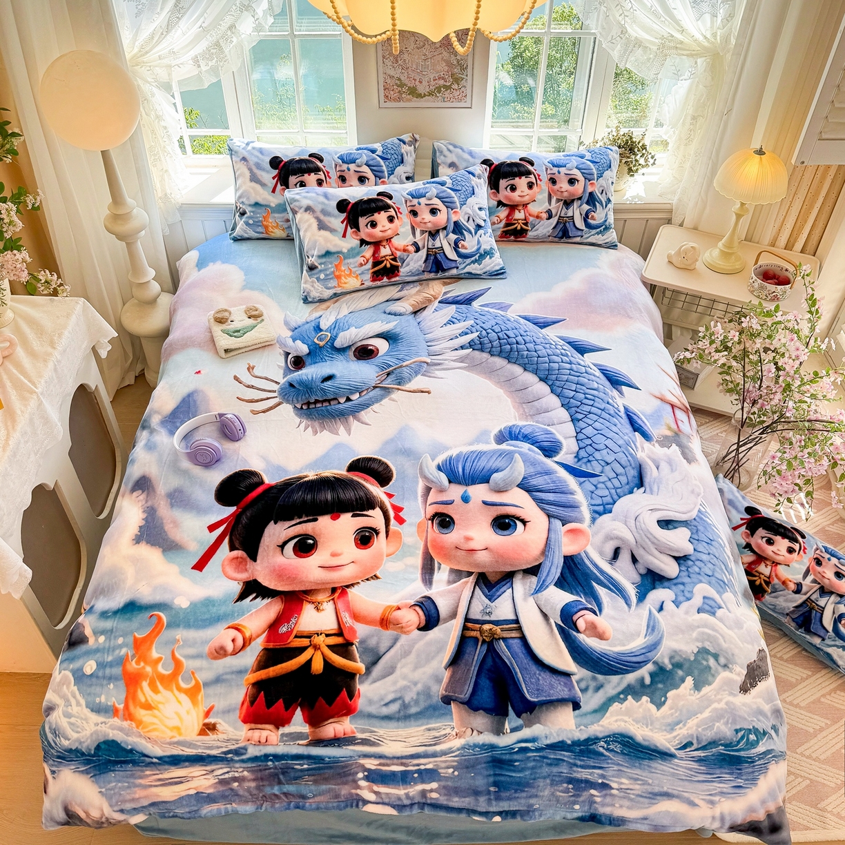 91家纺网 家纺一手货源 找家纺 馨语家居 2025新款直播热款高克重保暖卡通牛奶绒印花四件套 神龙哪吒