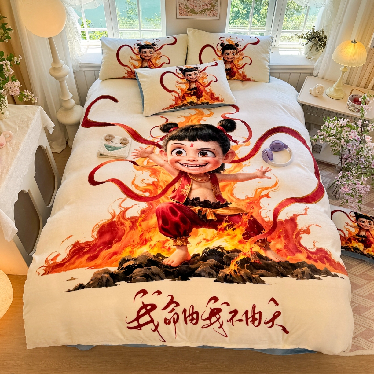 91家纺网 家纺一手货源 找家纺 馨语家居 2025新款直播热款高克重保暖卡通牛奶绒印花四件套 浴火哪吒