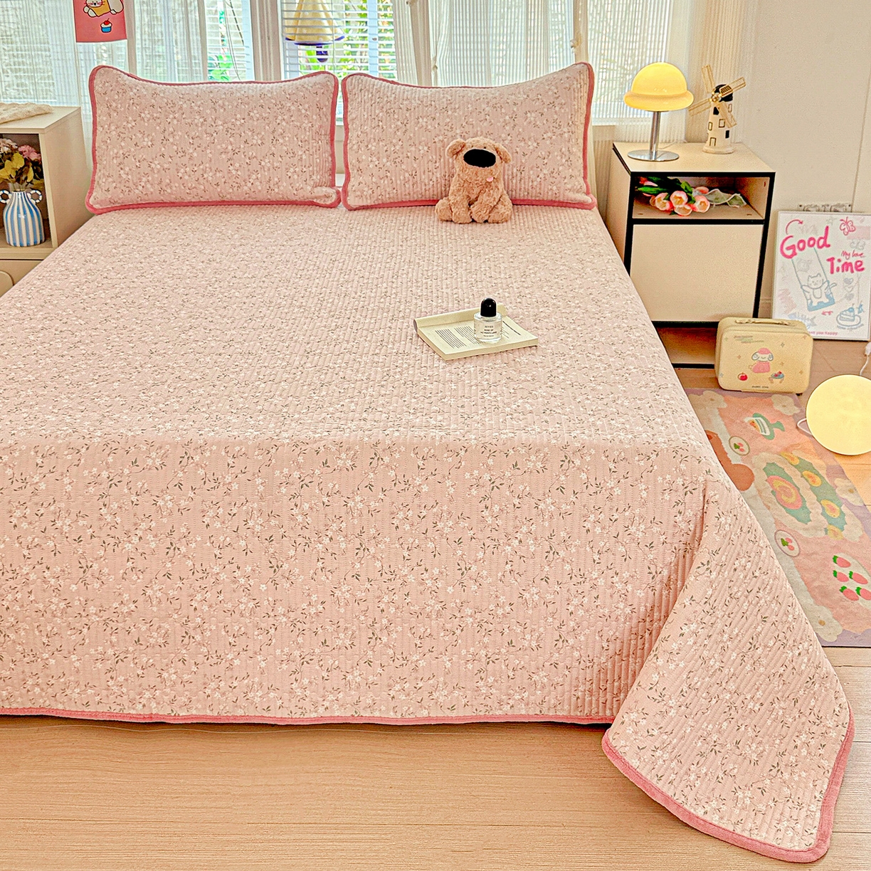 91家纺网 家纺一手货源 找家纺 恒尚居 2025新款全棉牛奶绒床盖四季可用纯棉夹棉床单床褥垫三件套-秋冬款系列三 樱花灿灿【A纯棉-B牛奶绒】