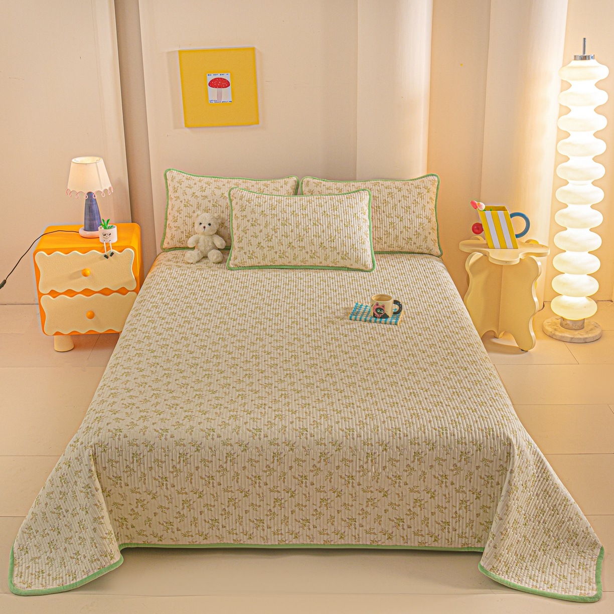 91家纺网 家纺一手货源 找家纺 恒尚居 2025新款全棉牛奶绒床盖四季可用纯棉夹棉床单床褥垫三件套-秋冬款系列三 香草园【A纯棉-B牛奶绒】