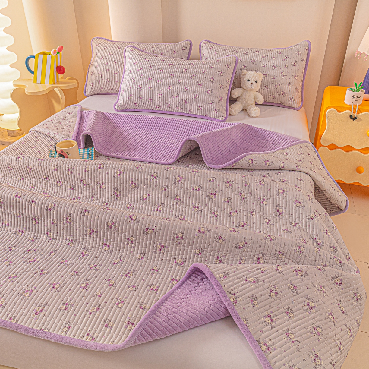 91家纺网 家纺一手货源 找家纺 恒尚居 2025新款全棉牛奶绒床盖四季可用纯棉夹棉床单床褥垫三件套-秋冬款系列三 玉妃【A纯棉-B牛奶绒】