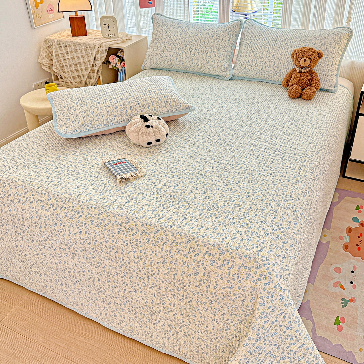 91家纺网 家纺一手货源 找家纺 恒尚居 2025新款全棉牛奶绒床盖四季可用纯棉夹棉床单床褥垫三件套-秋冬款系列三 雪兰【A纯棉-B牛奶绒】