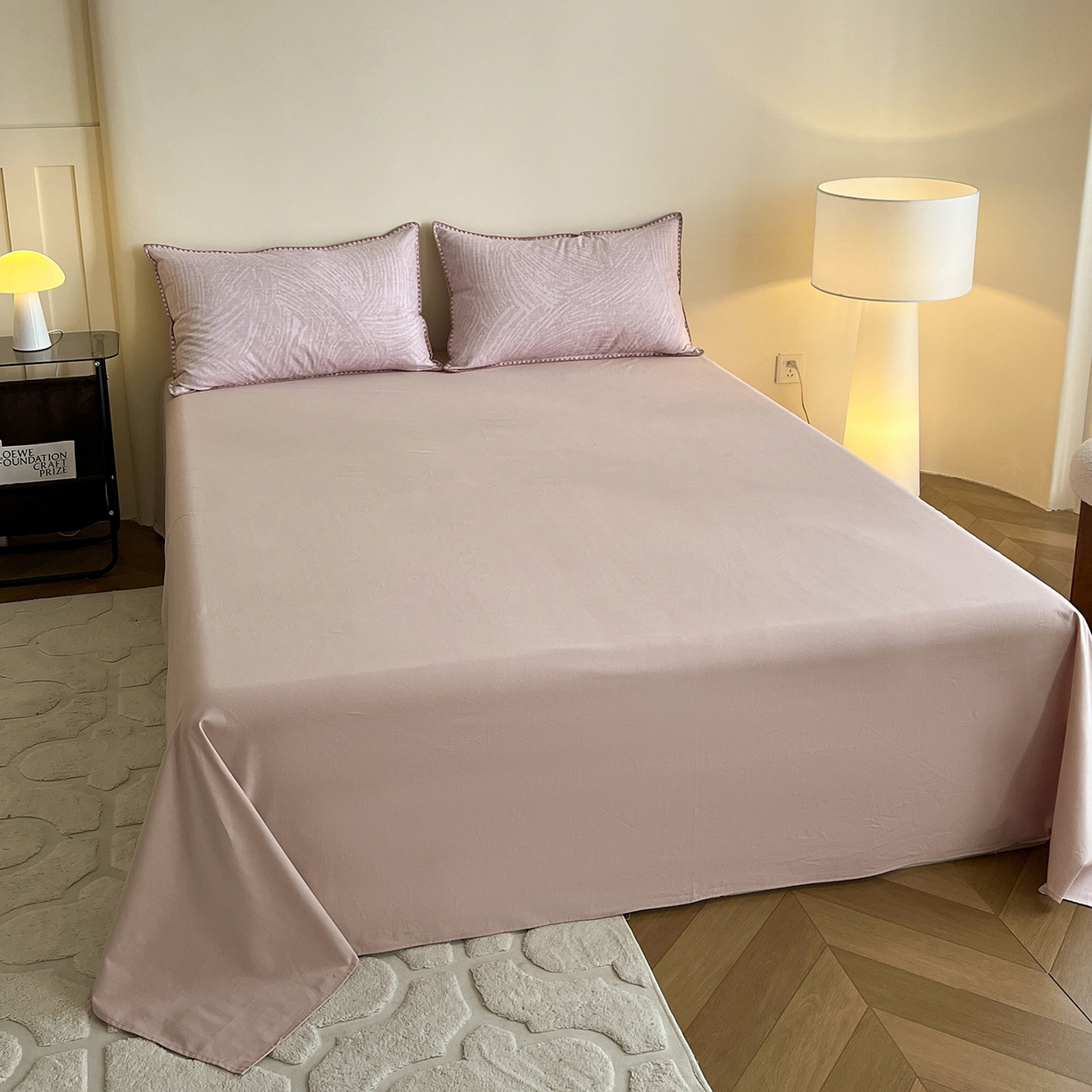 91家纺网 家纺一手货源 找家纺 静家居-简约原创家纺 2025新款全棉简约磨毛贝壳边四件套 布兰卡(粉)