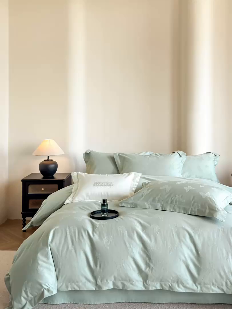 91家纺网 家纺一手货源 找家纺 魅都 全棉厚织长绒棉立体浮雕提花四件套全棉四件套夏日蝶梦 夏日蝶梦蓝