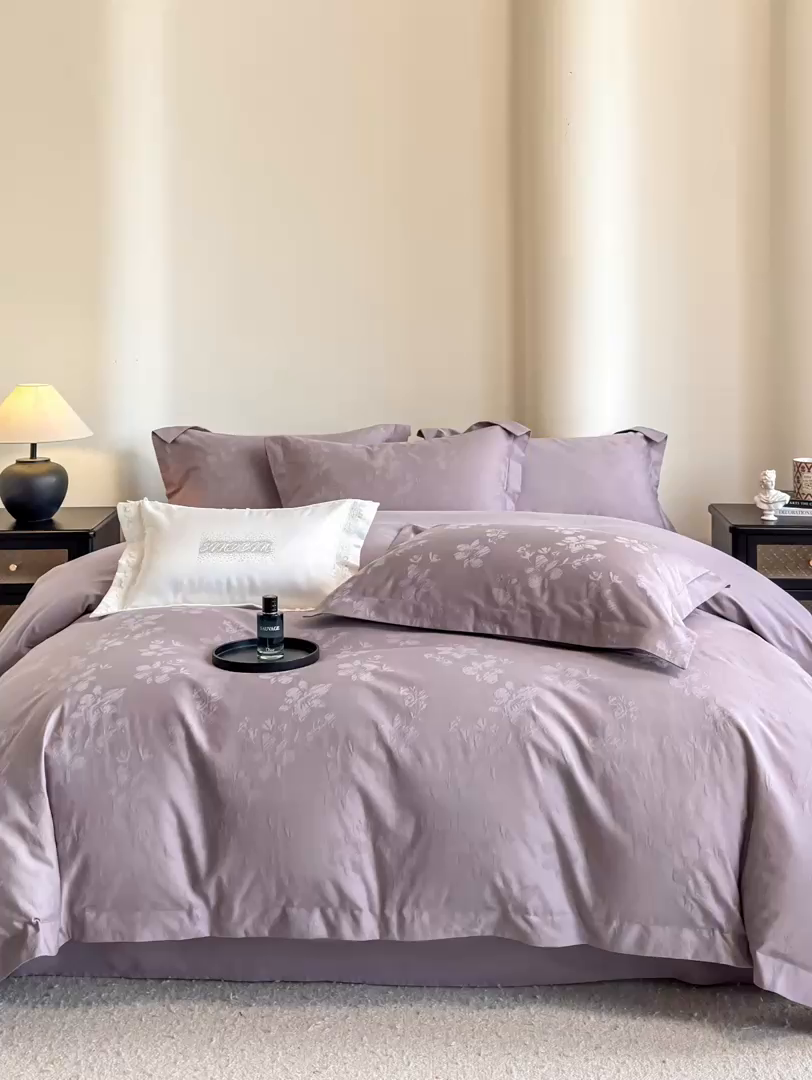 91家纺网 家纺一手货源 找家纺 魅都 全棉厚织长绒棉立体浮雕提花四件套全棉四件套花香轻舞 花香轻舞紫