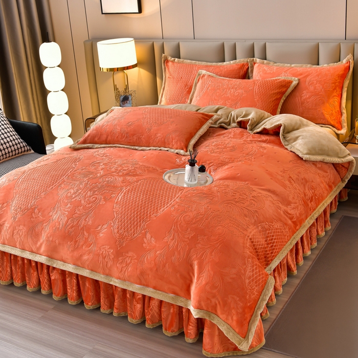 91家纺网 家纺一手货源 找家纺 星窝 2025新款高克重直播爆款纯色欧式雕花绒牛奶绒四件套 富贵花开桔