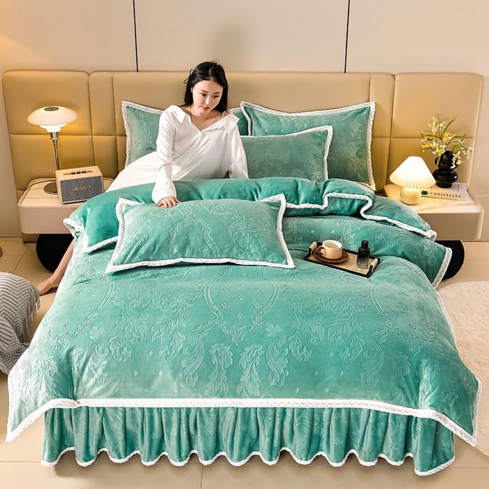 星窝 2025新款高克重直播爆款纯色欧式雕花绒牛奶绒四件套 富贵花开绿