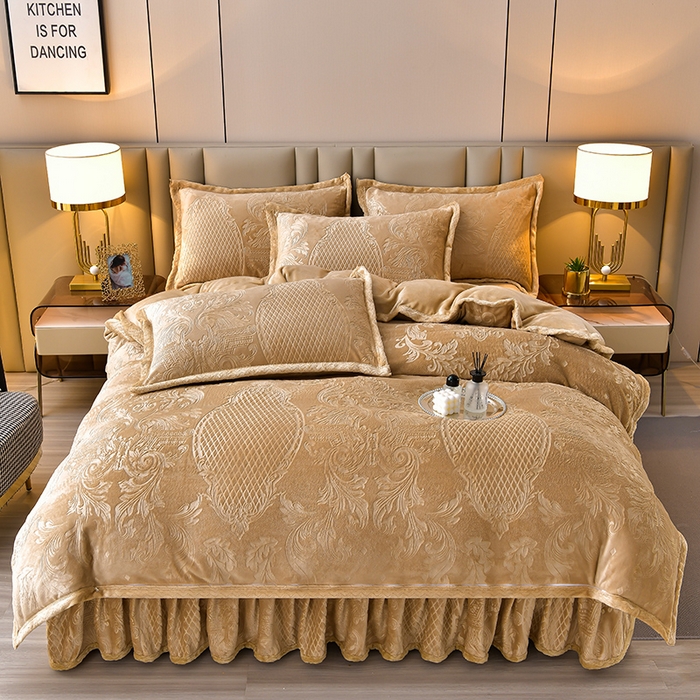 星窝 2025新款高克重直播爆款纯色欧式雕花绒牛奶绒四件套 富贵花开奶咖