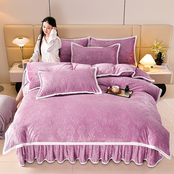 星窝 2025新款高克重直播爆款纯色欧式雕花绒牛奶绒四件套 富贵花开紫