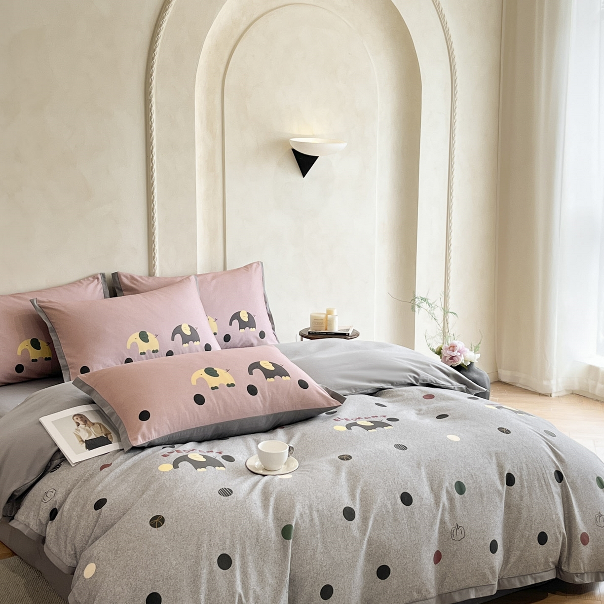 91家纺网 家纺一手货源 找家纺 柏薇 2025新款秋冬新品全棉磨毛印花高定工艺款四件套 波点小象