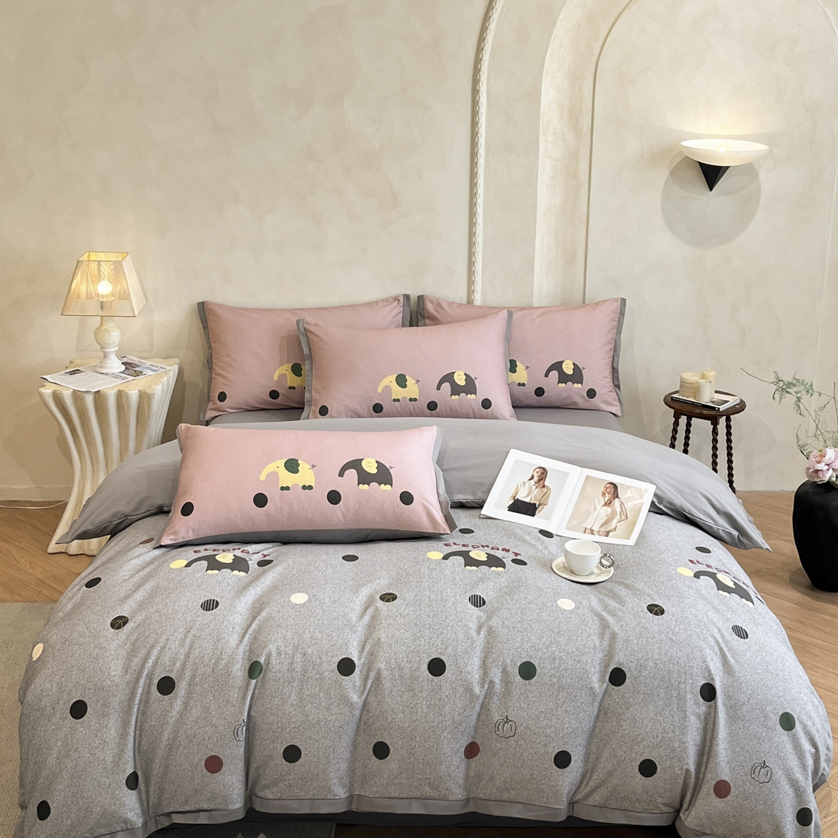 柏薇 2025新款秋冬新品全棉磨毛印花高定工艺款四件套 波点小象