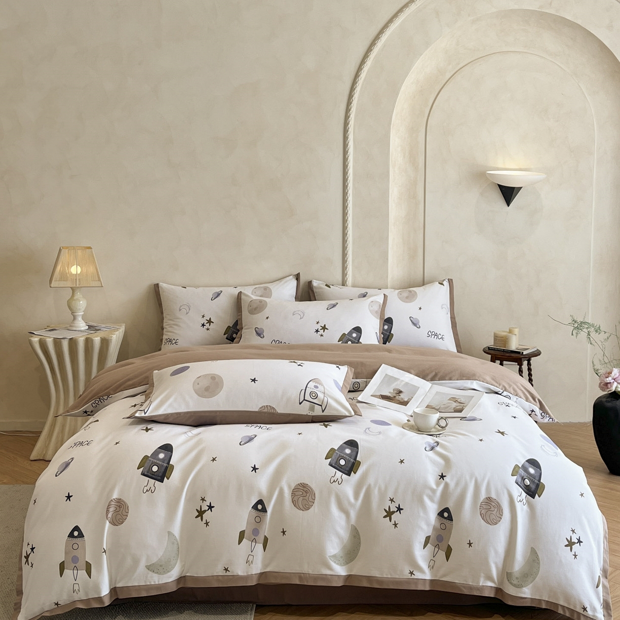 柏薇 2025新款秋冬新品全棉磨毛印花高定工艺款四件套 火箭星球