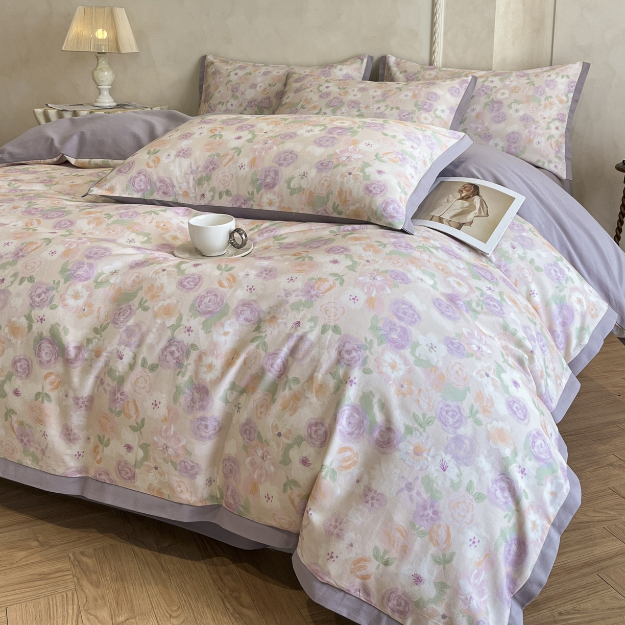 91家纺网 家纺一手货源 找家纺 柏薇 2025新款秋冬新品全棉磨毛印花高定工艺款四件套 蕾雅