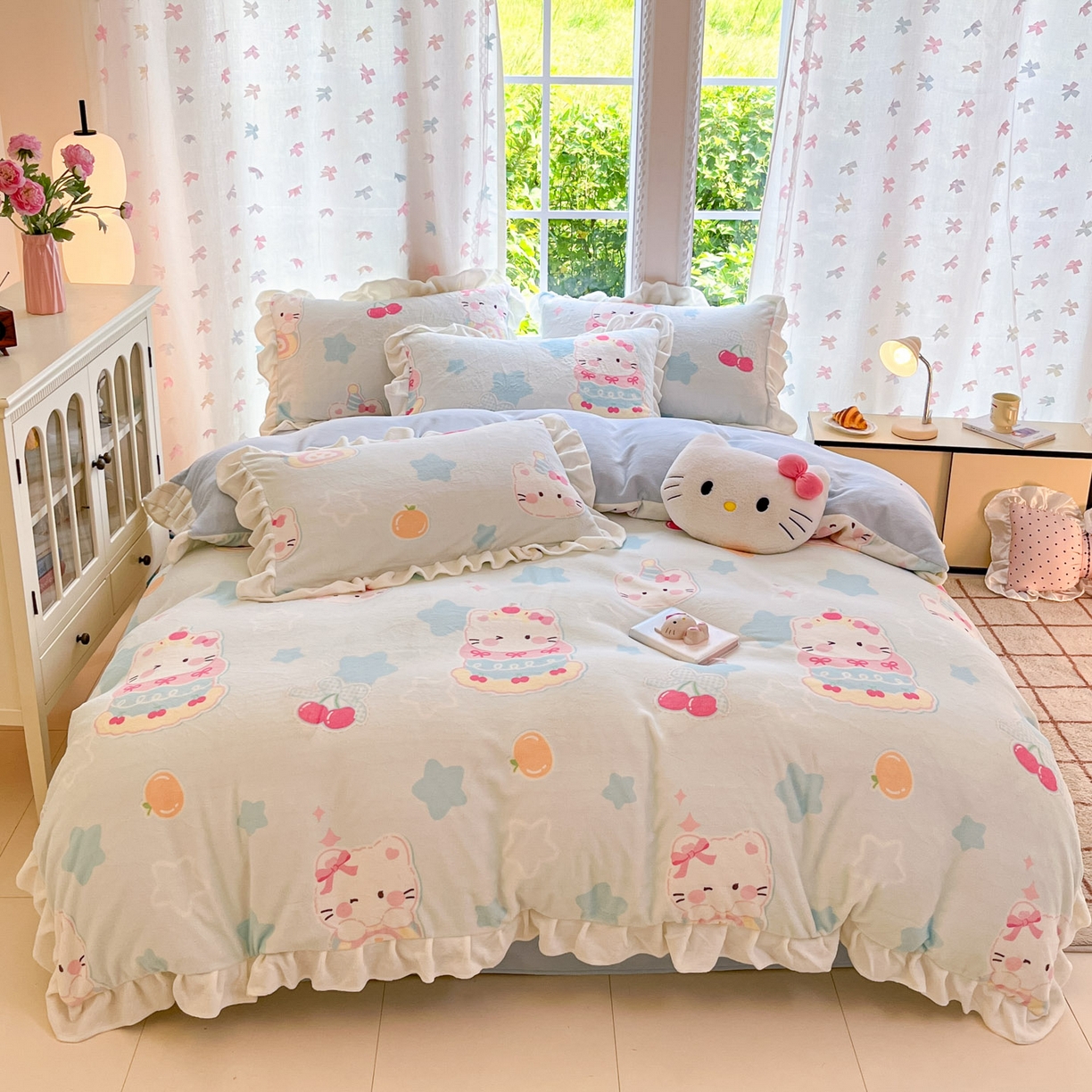 慕澄家居 2025新款花边款牛奶绒印花四件套 花边款-蛋糕猫咪