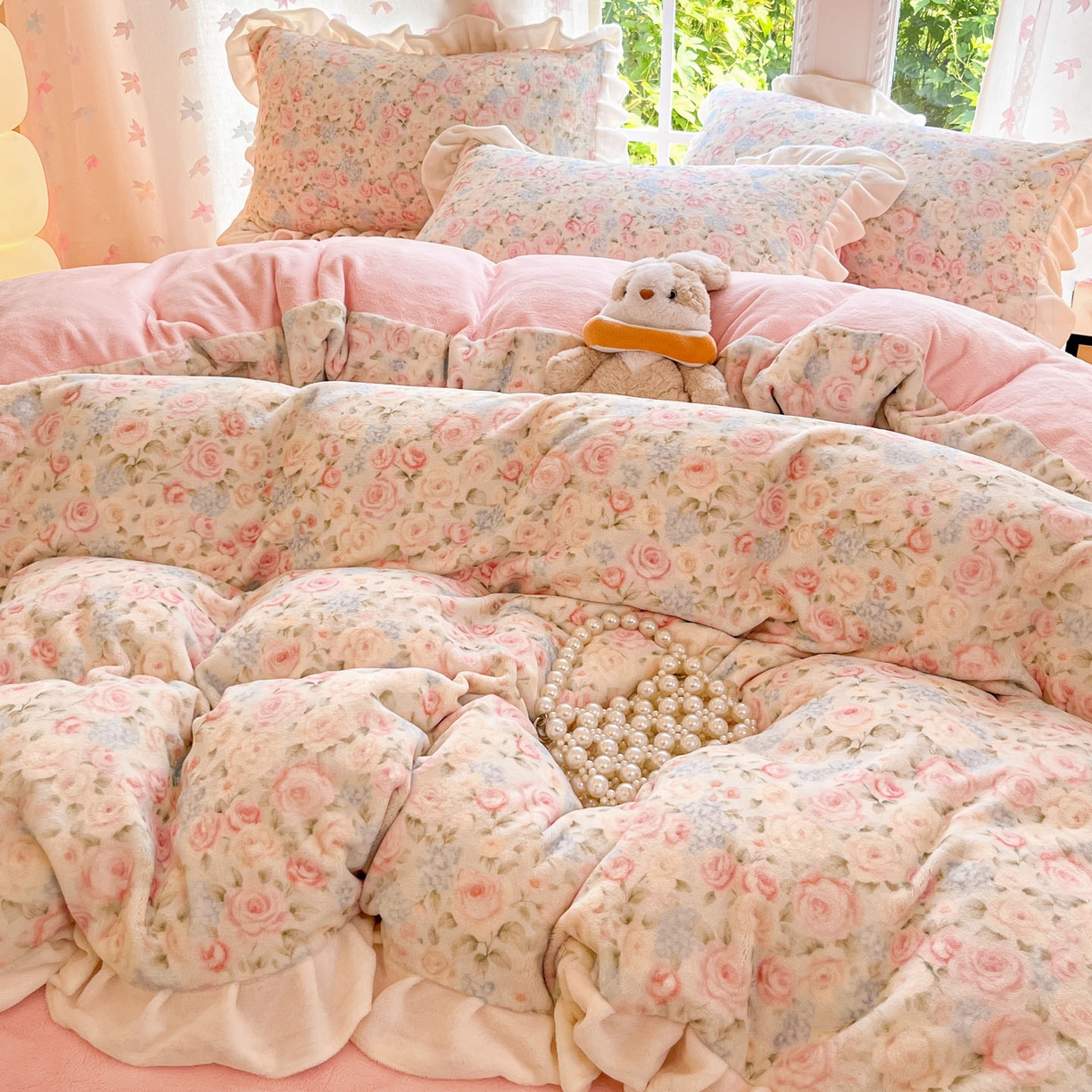 91家纺网 家纺一手货源 找家纺 慕澄家居 2025新款花边款牛奶绒印花四件套 花边款-繁花