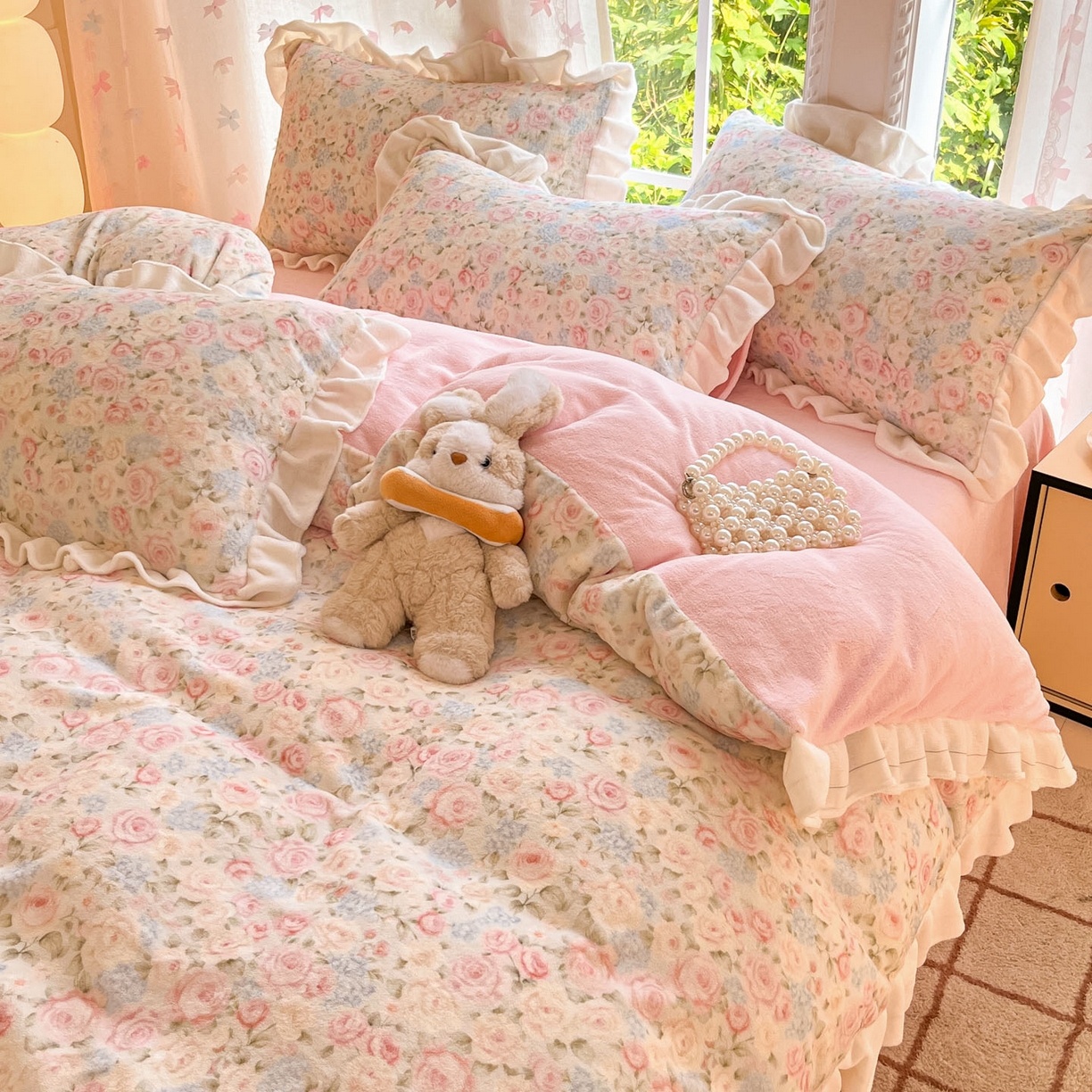 91家纺网 家纺一手货源 找家纺 慕澄家居 2025新款花边款牛奶绒印花四件套 花边款-繁花