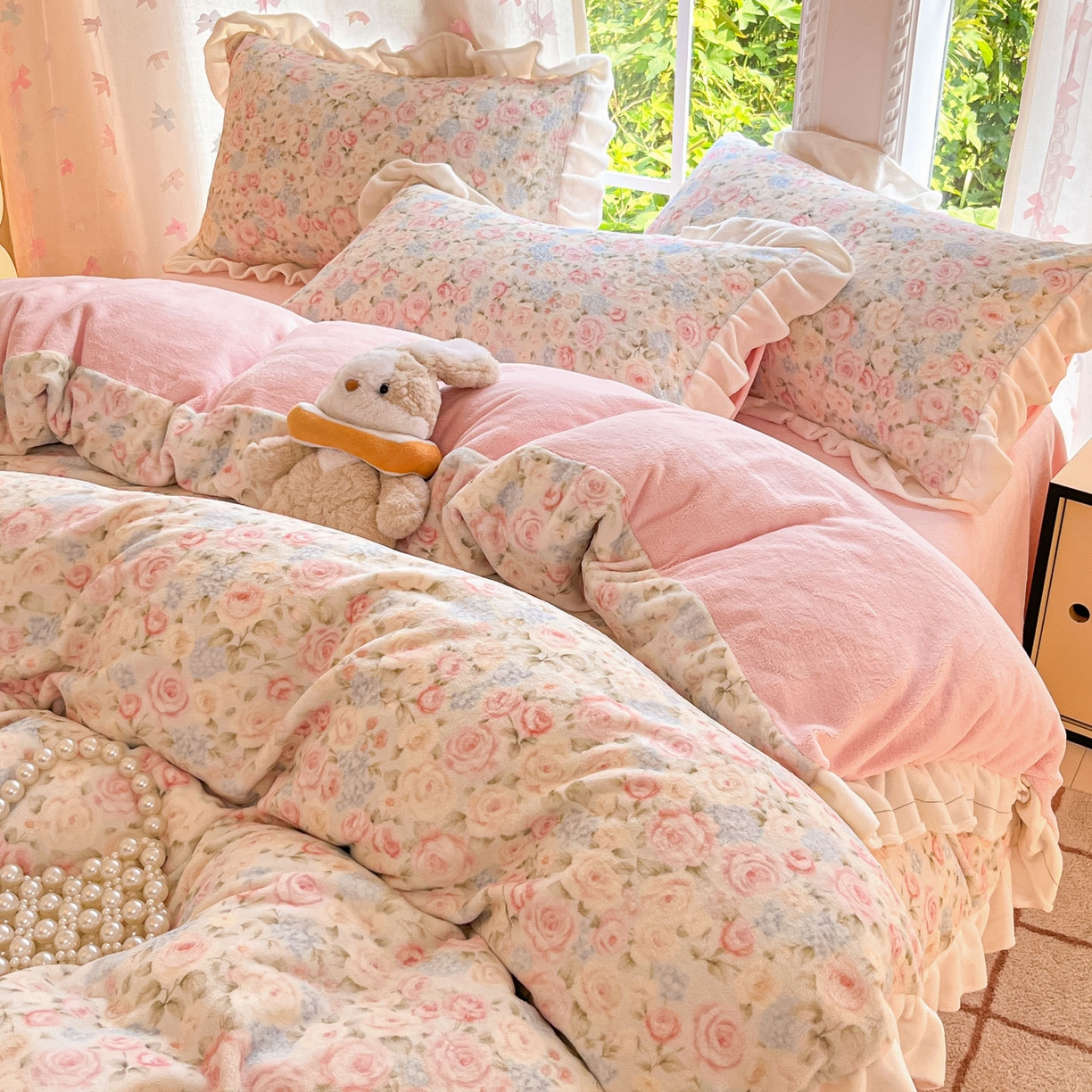 91家纺网 家纺一手货源 找家纺 慕澄家居 2025新款花边款牛奶绒印花四件套 花边款-繁花