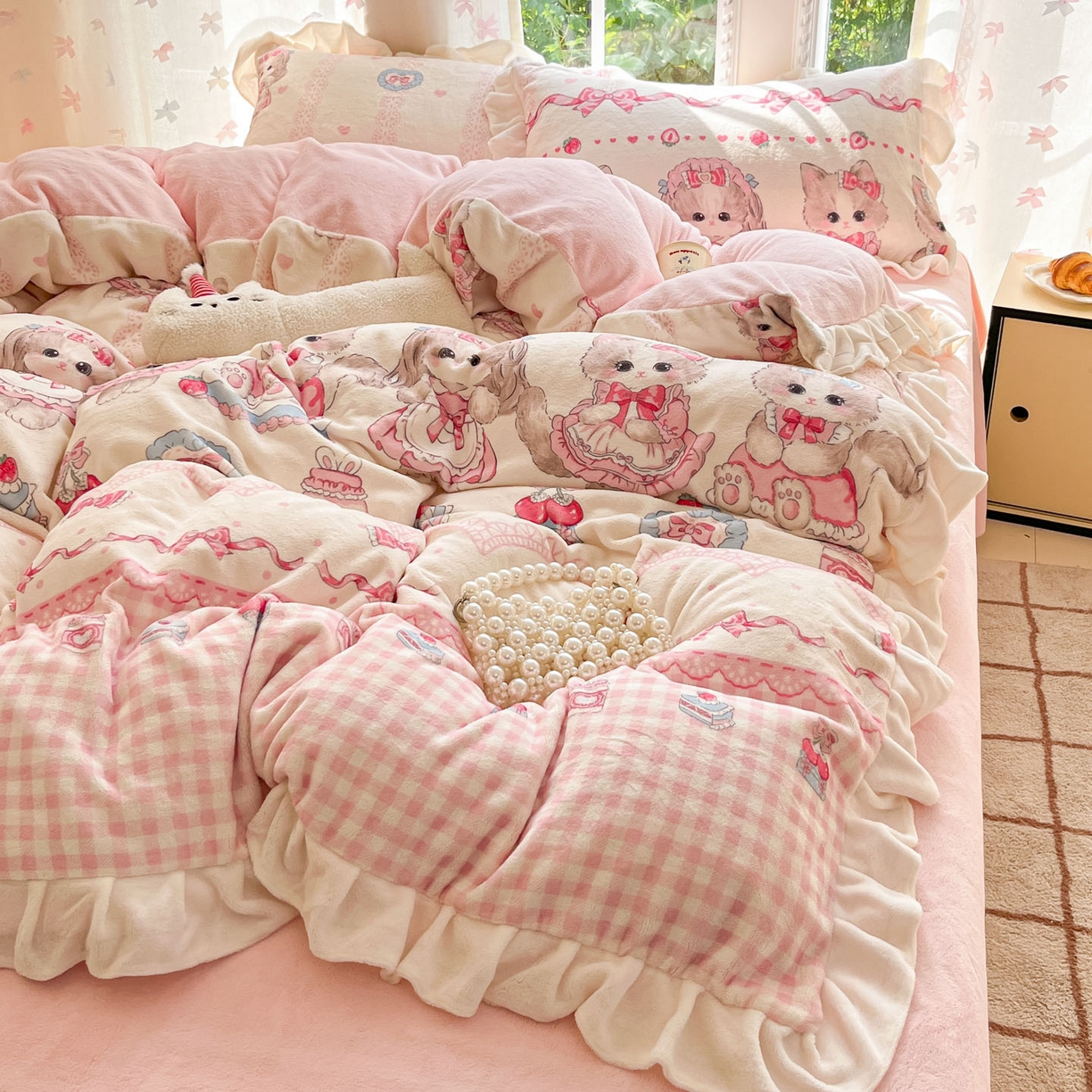 91家纺网 家纺一手货源 找家纺 慕澄家居 2025新款花边款牛奶绒印花四件套 花边款-粉色喵喵