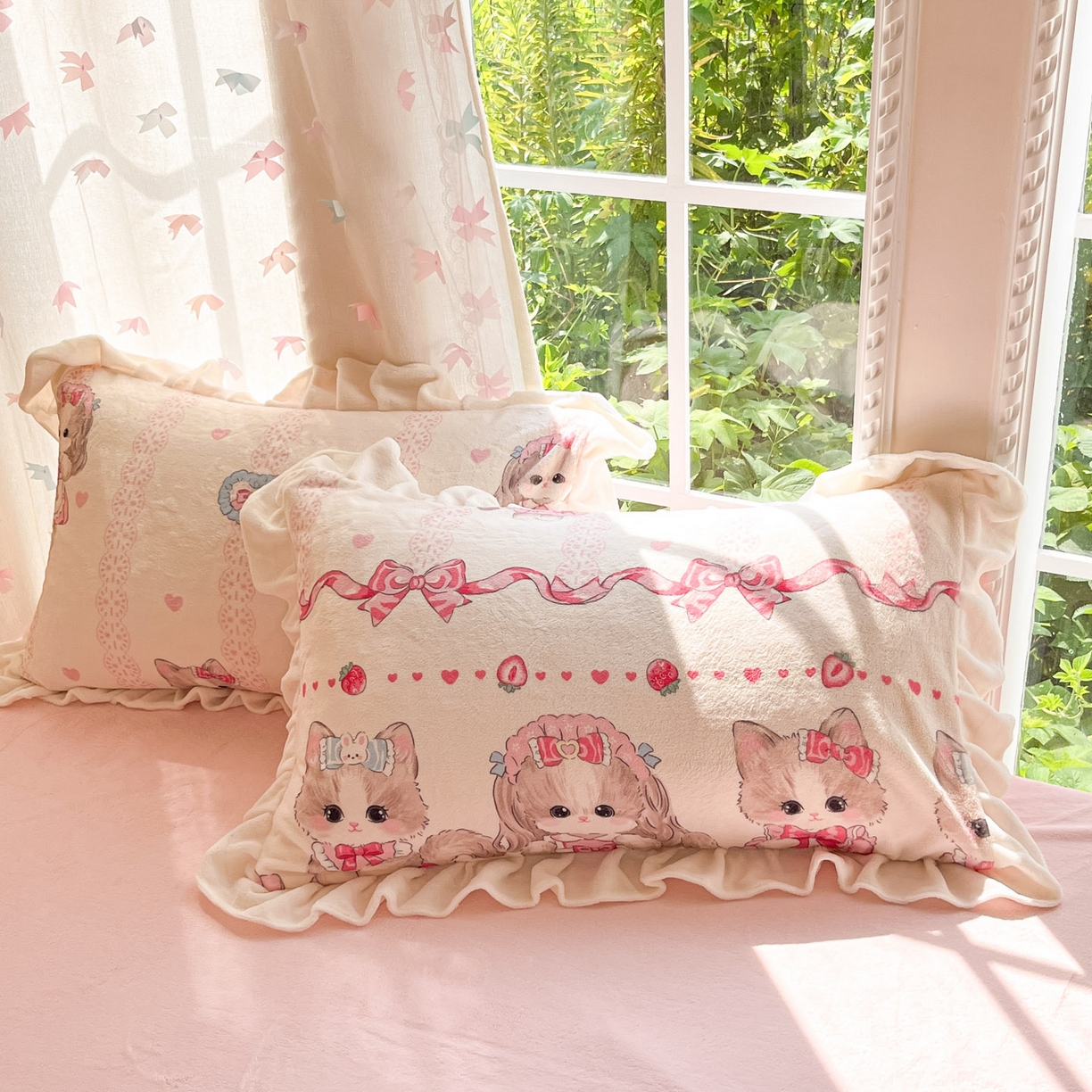 91家纺网 家纺一手货源 找家纺 慕澄家居 2025新款花边款牛奶绒印花四件套 花边款-粉色喵喵