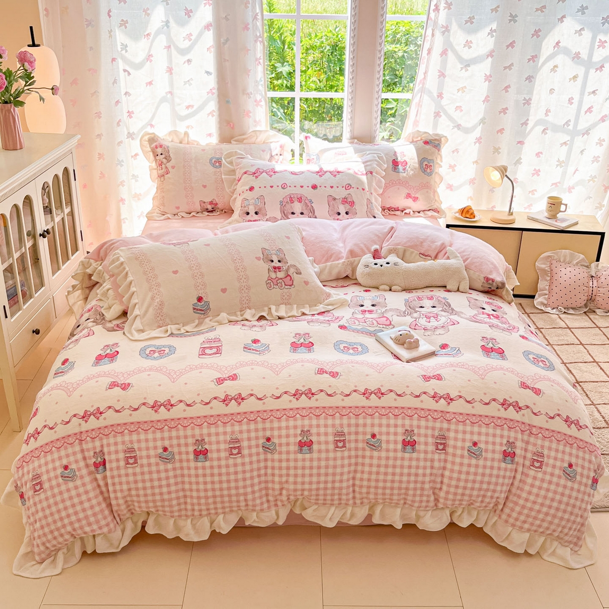 慕澄家居 2025新款花边款牛奶绒印花四件套 花边款-粉色喵喵