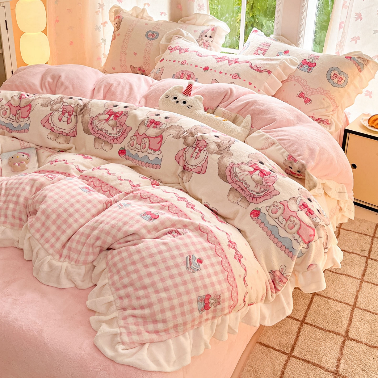 91家纺网 家纺一手货源 找家纺 慕澄家居 2025新款花边款牛奶绒印花四件套 花边款-粉色喵喵