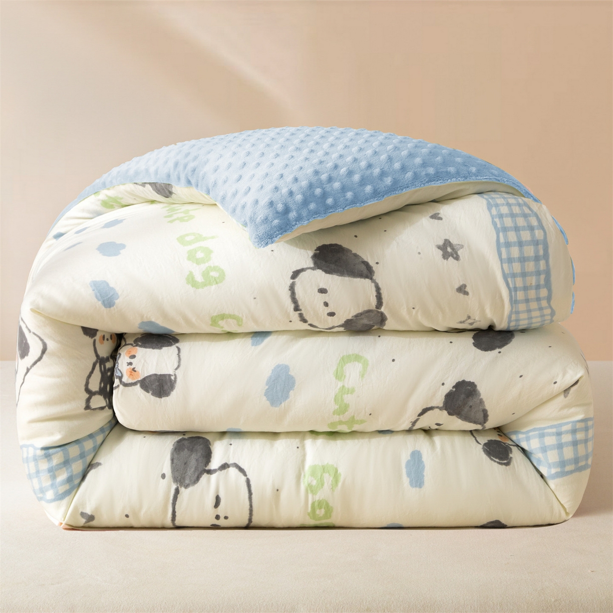 盛秋家纺 2025新款A类水洗棉水晶绒豆豆被被子被芯 欢乐狗+水蓝