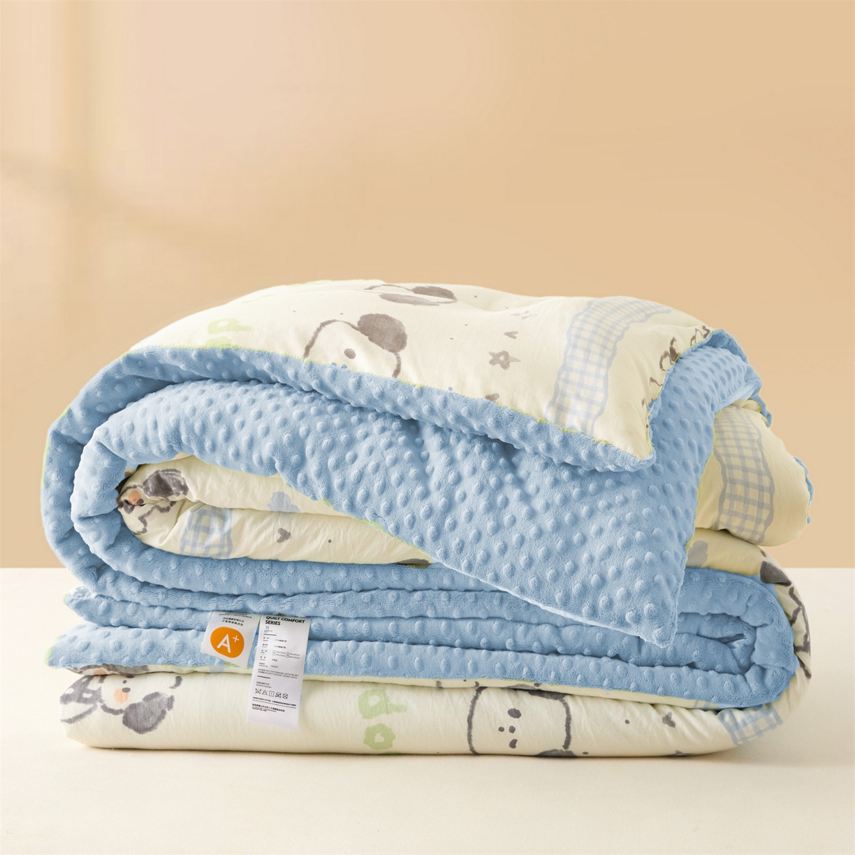 91家纺网 家纺一手货源 找家纺 盛秋家纺 2025新款A类水洗棉水晶绒豆豆被被子被芯 欢乐狗+水蓝