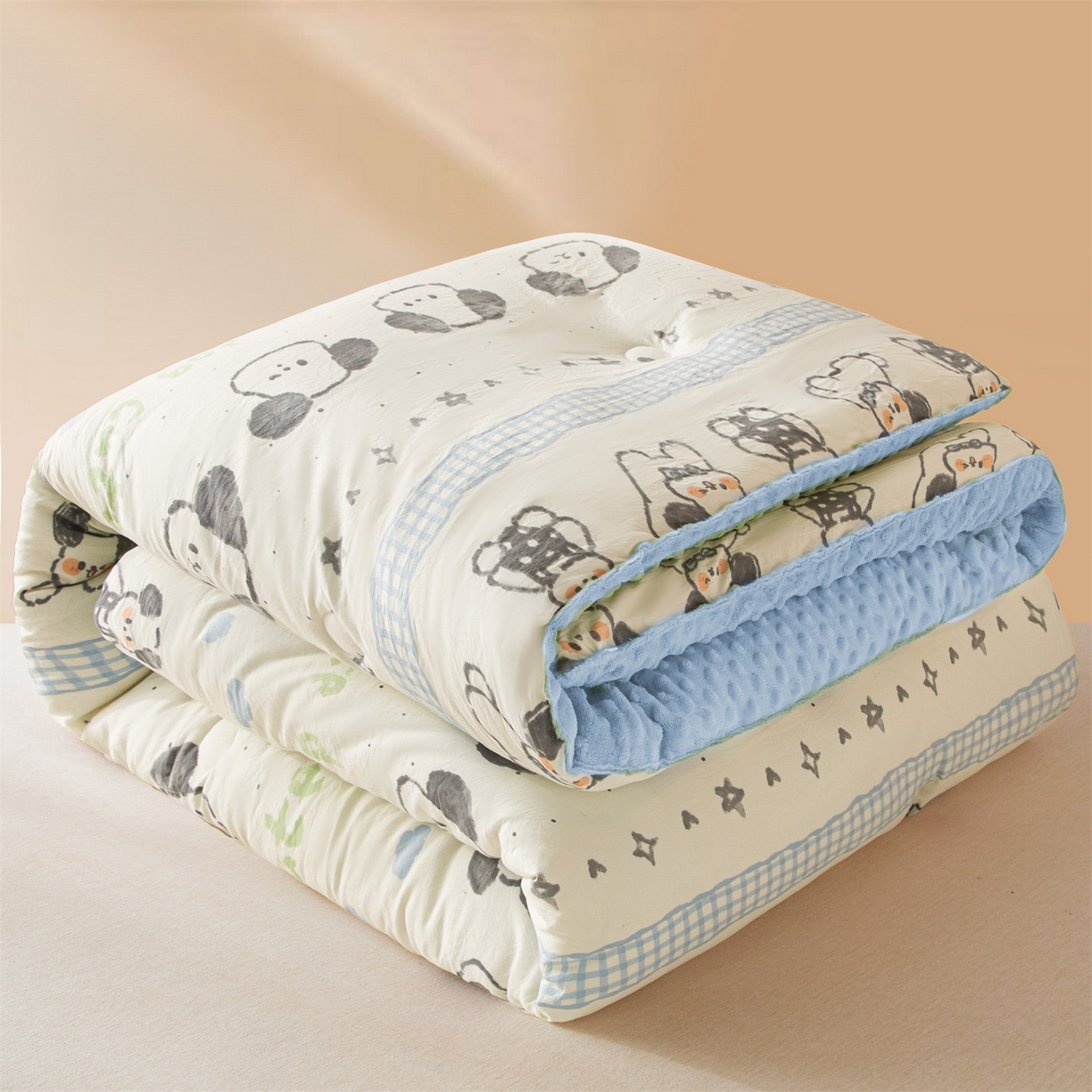 91家纺网 家纺一手货源 找家纺 盛秋家纺 2025新款A类水洗棉水晶绒豆豆被被子被芯 欢乐狗+水蓝