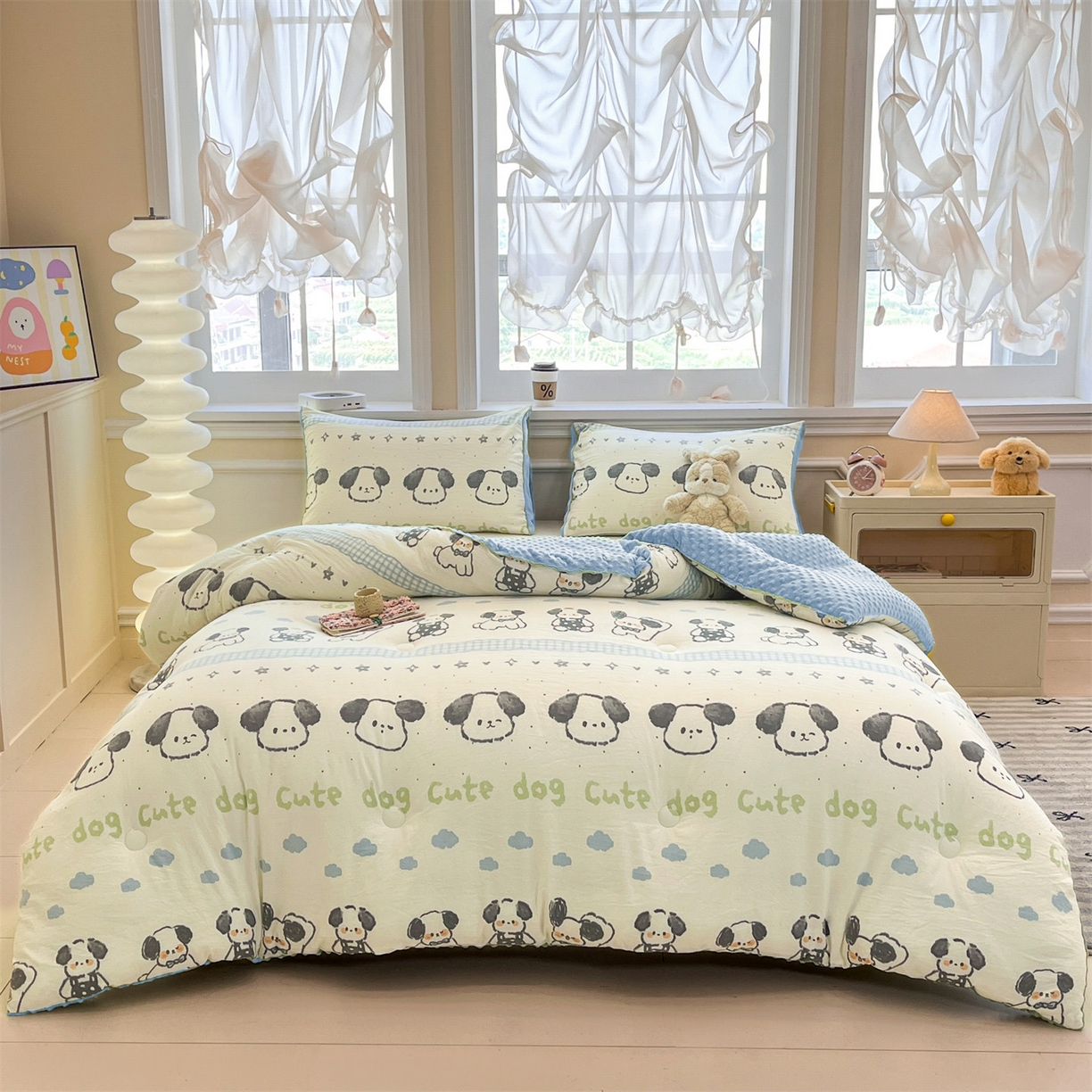 91家纺网 家纺一手货源 找家纺 盛秋家纺 2025新款A类水洗棉水晶绒豆豆被被子被芯 欢乐狗+水蓝