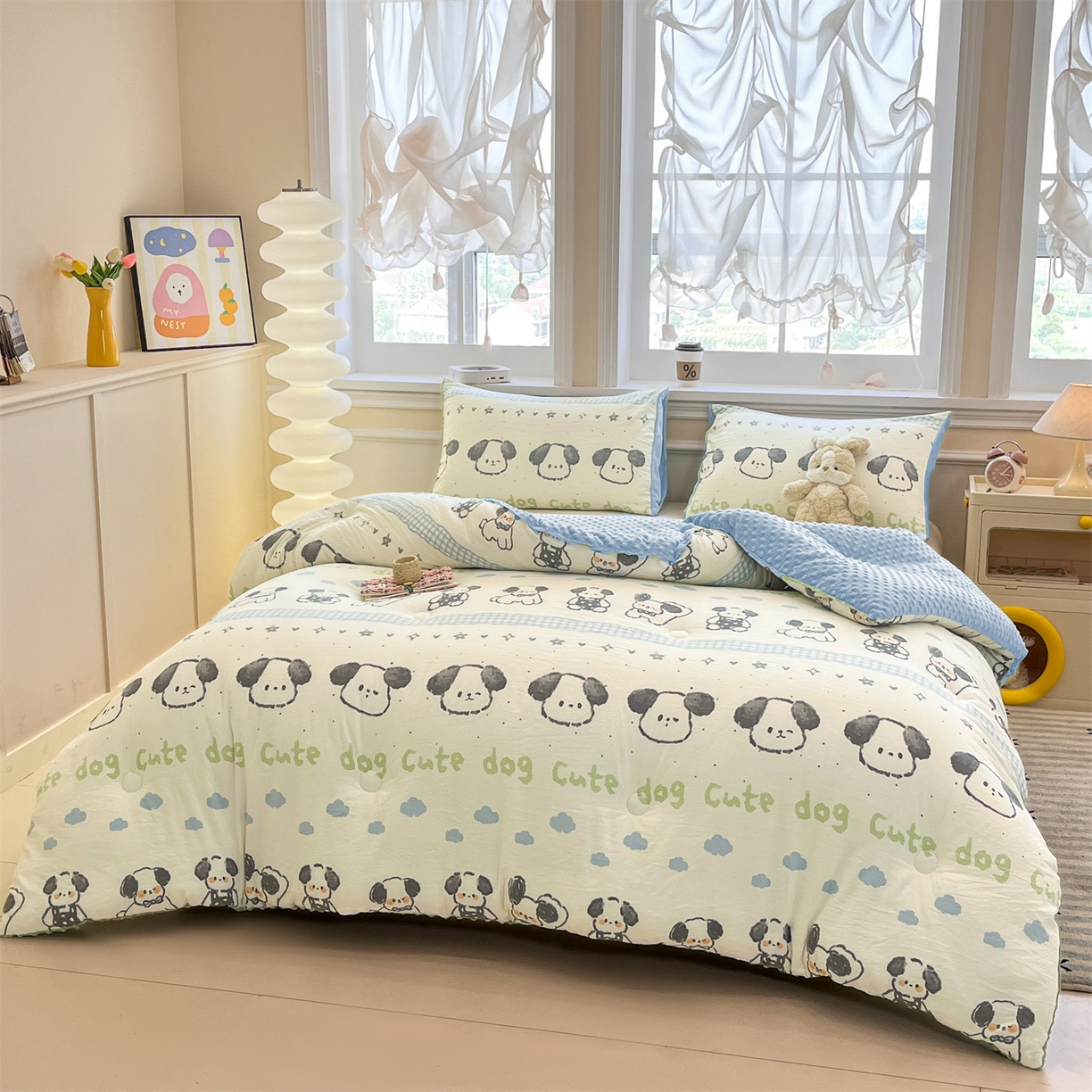 91家纺网 家纺一手货源 找家纺 盛秋家纺 2025新款A类水洗棉水晶绒豆豆被被子被芯 欢乐狗+水蓝