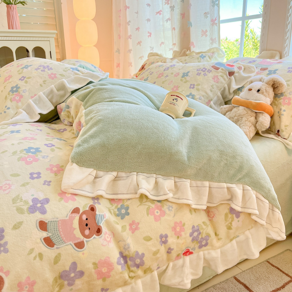 91家纺网 家纺一手货源 找家纺 慕澄家居 2025新款花边款牛奶绒印花四件套 花边款-快乐卡皮